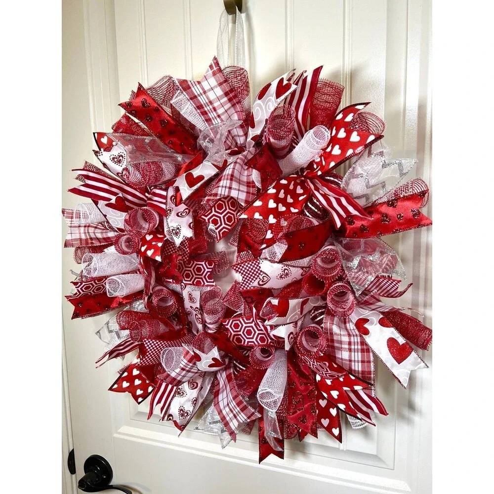 Handmade 22” Valentine’s Day Ribbon Mesh Wreath Hearts in Red & Pink w24